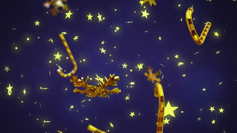 animation of christmas decorations over snow falling on blue background