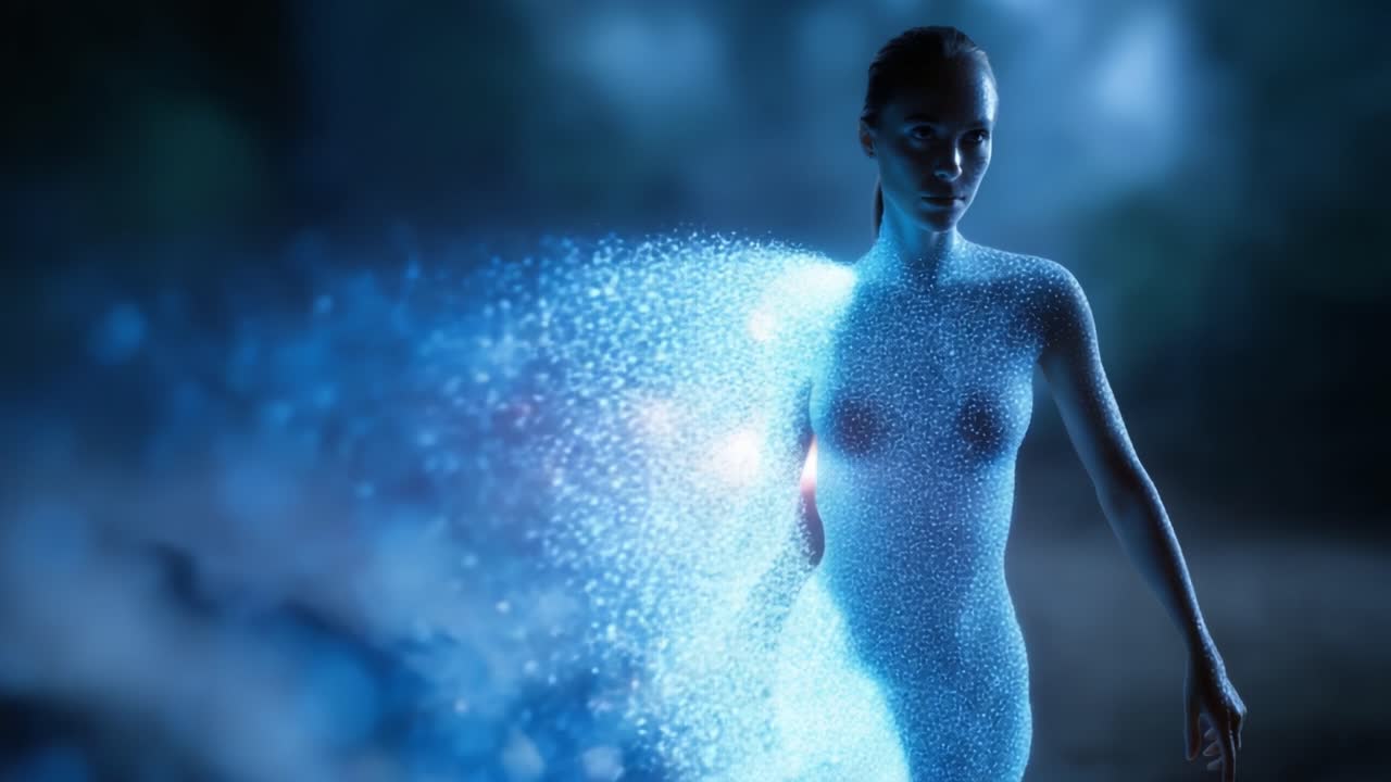 Fascinující zobrazení postavy vynořující se z živého oblaku světla a částic, které mísí realitu a digitální abstrakci ve vizuálně ohromujícím zobrazení.