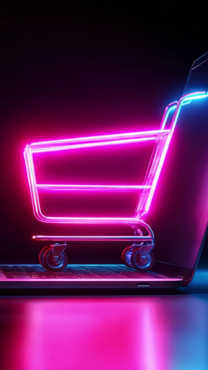 Digital Shopping Revolution: A Neon Shopping Cart Emerging from a Laptop, Symbolizing Online Commerce and Modern Retail Experiences in Vibrant Colors