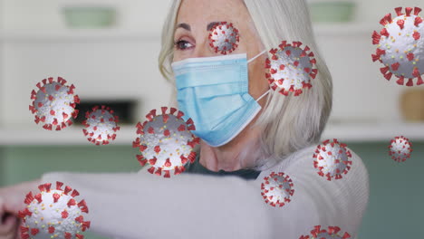 animación de células de virus con una mujer caucásica de edad avanzada que tose