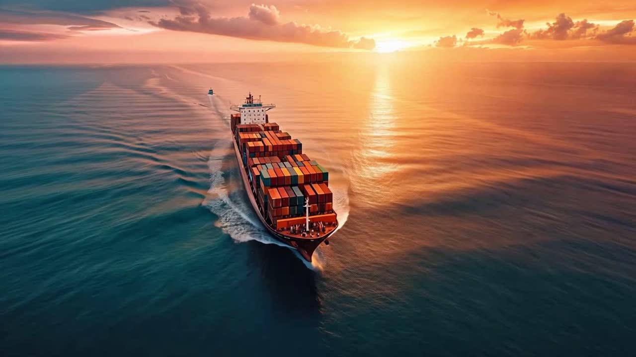 Large Container Ship Sailing on the Ocean at Sunset