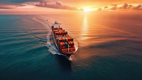 large container ship sailing on the ocean at sunset