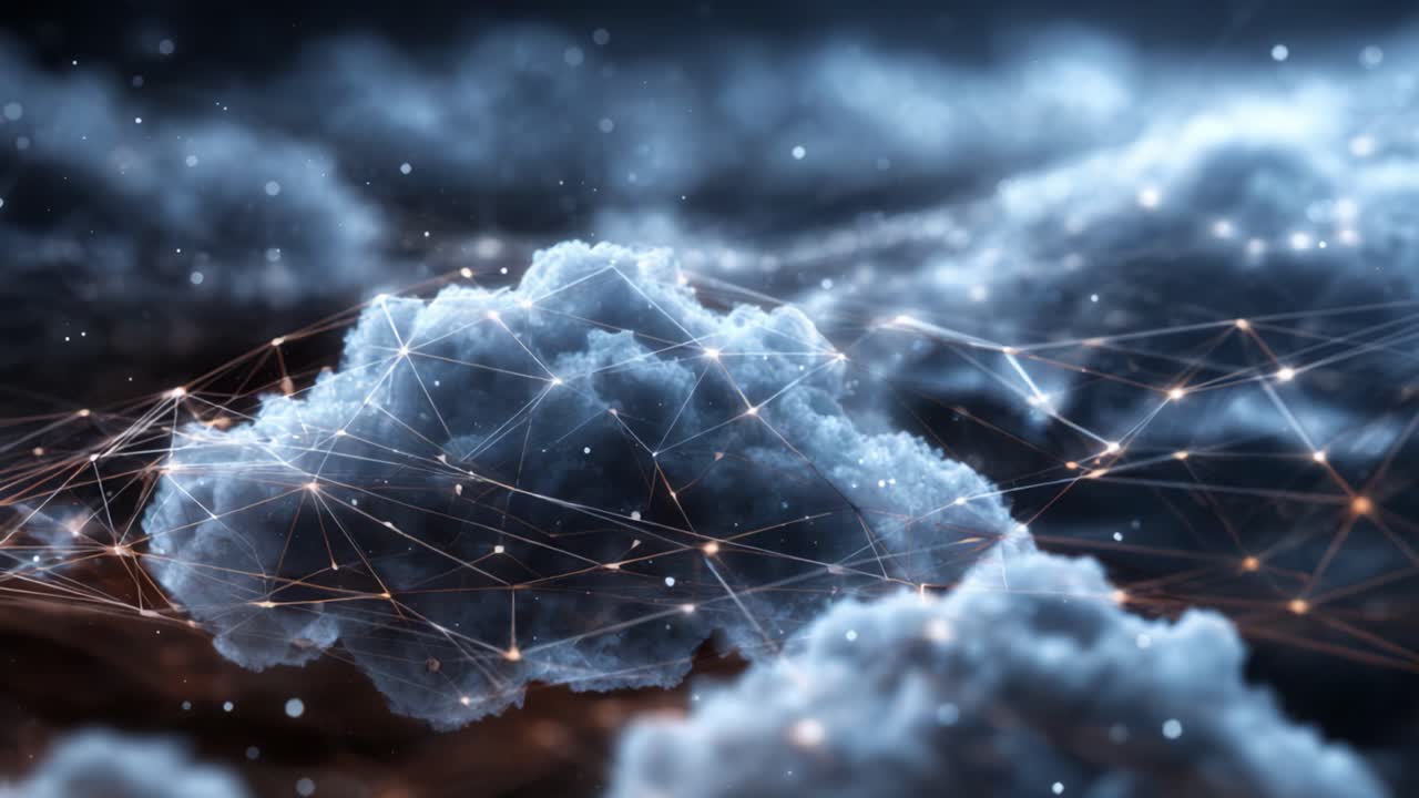 A mesmerizing view of ethereal clouds illuminated by soft lights, intertwined with intricate networks resembling digital connections, evoking a sense of wonder and tranquility