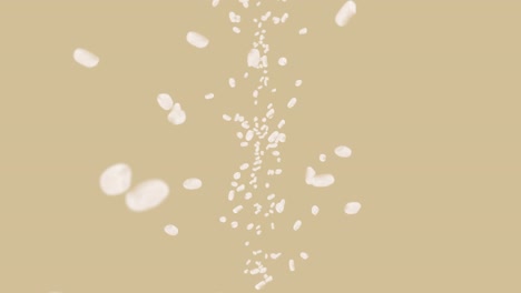 volando mucho arroz en fondo marrón. granos de arroz blanco. arroz glutinoso. vegetariano. comida saludable. animación de bucle 3d de arroz girando.