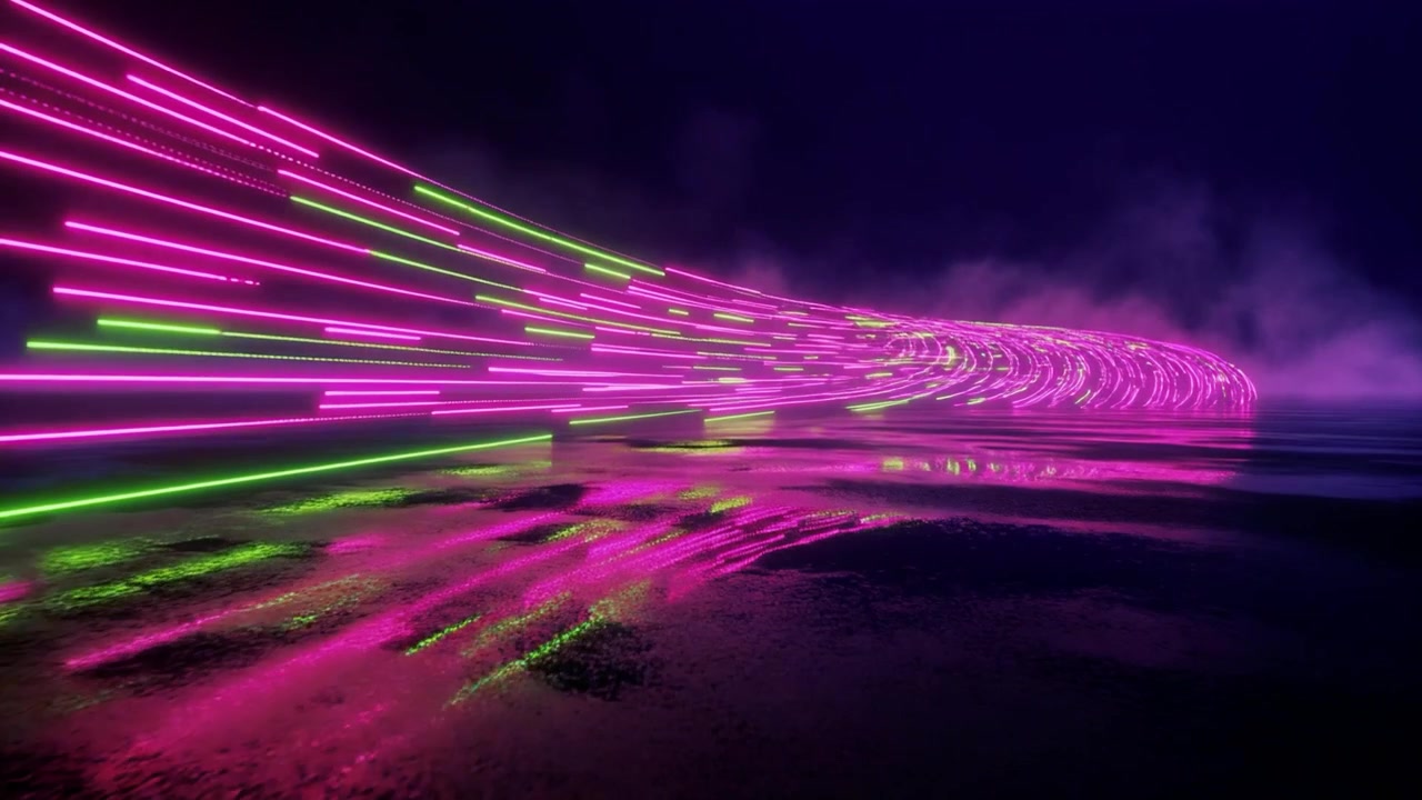 Abstract Neon Light Trails Moving Over Reflective Surface