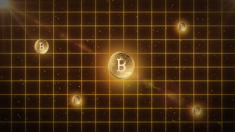 five golden bitcoins over yellow grid against space