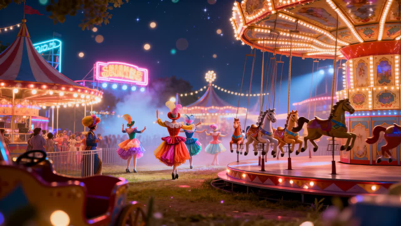 Entering from left group in bold tutus feathers dancing toward carousel by fence entertaining crowd