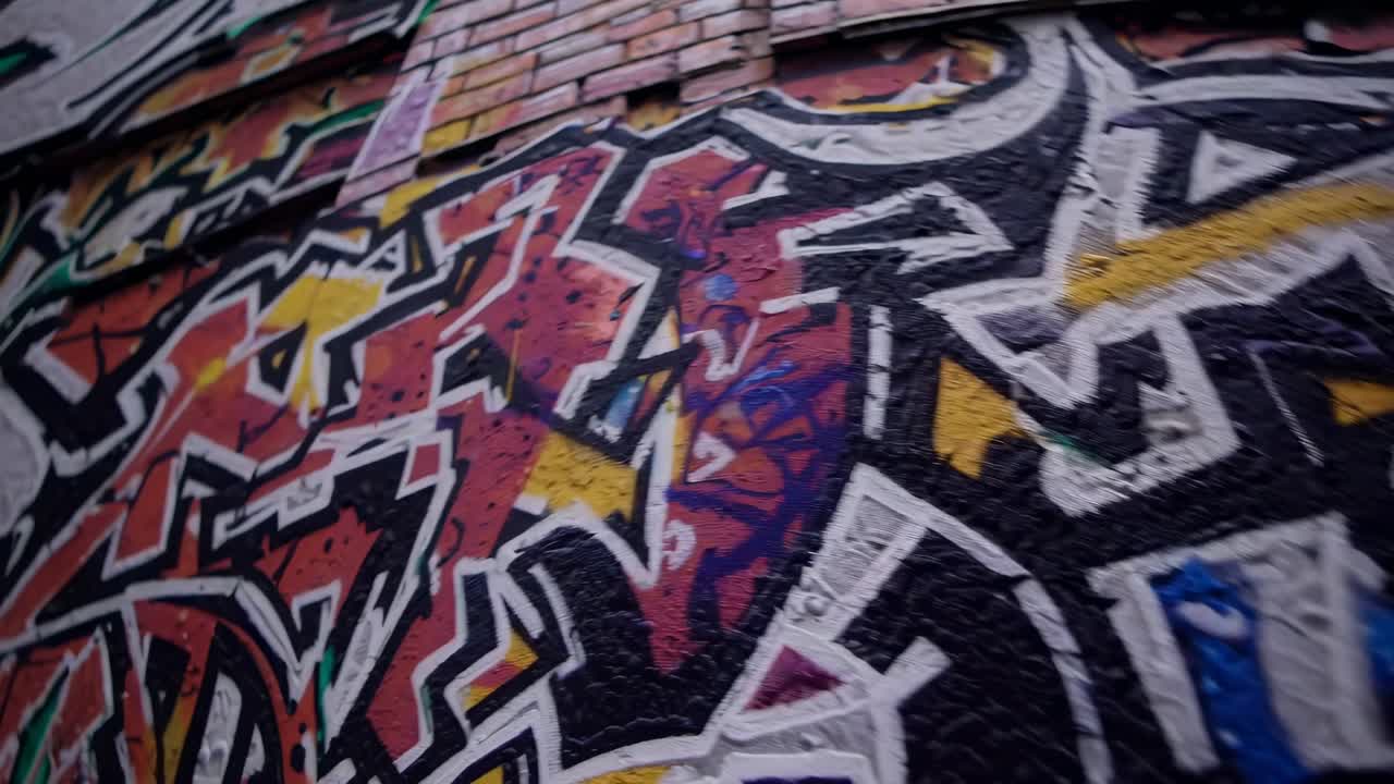 Primo piano, ripresa dal basso di graffiti vivaci su un muro materico, che mette in mostra l'arte urbana