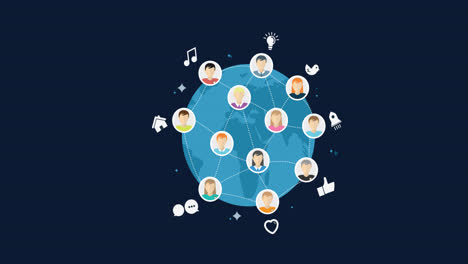 animation of networks of connections with icons and people pictograms over globe on blue background