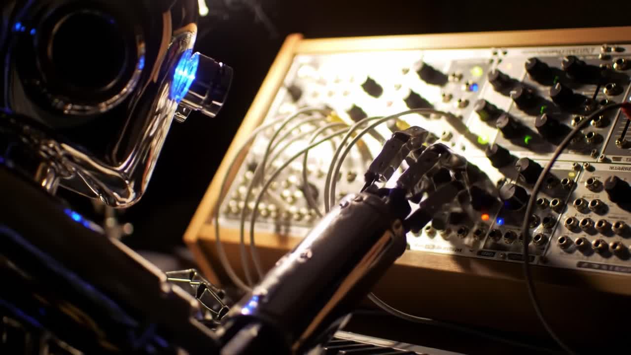 A robot with a metallic arm manipulates a synthesizer's controls, creating unique sounds in an engaging music-making session. The studio is dimly lit, enhancing the focused atmosphere.