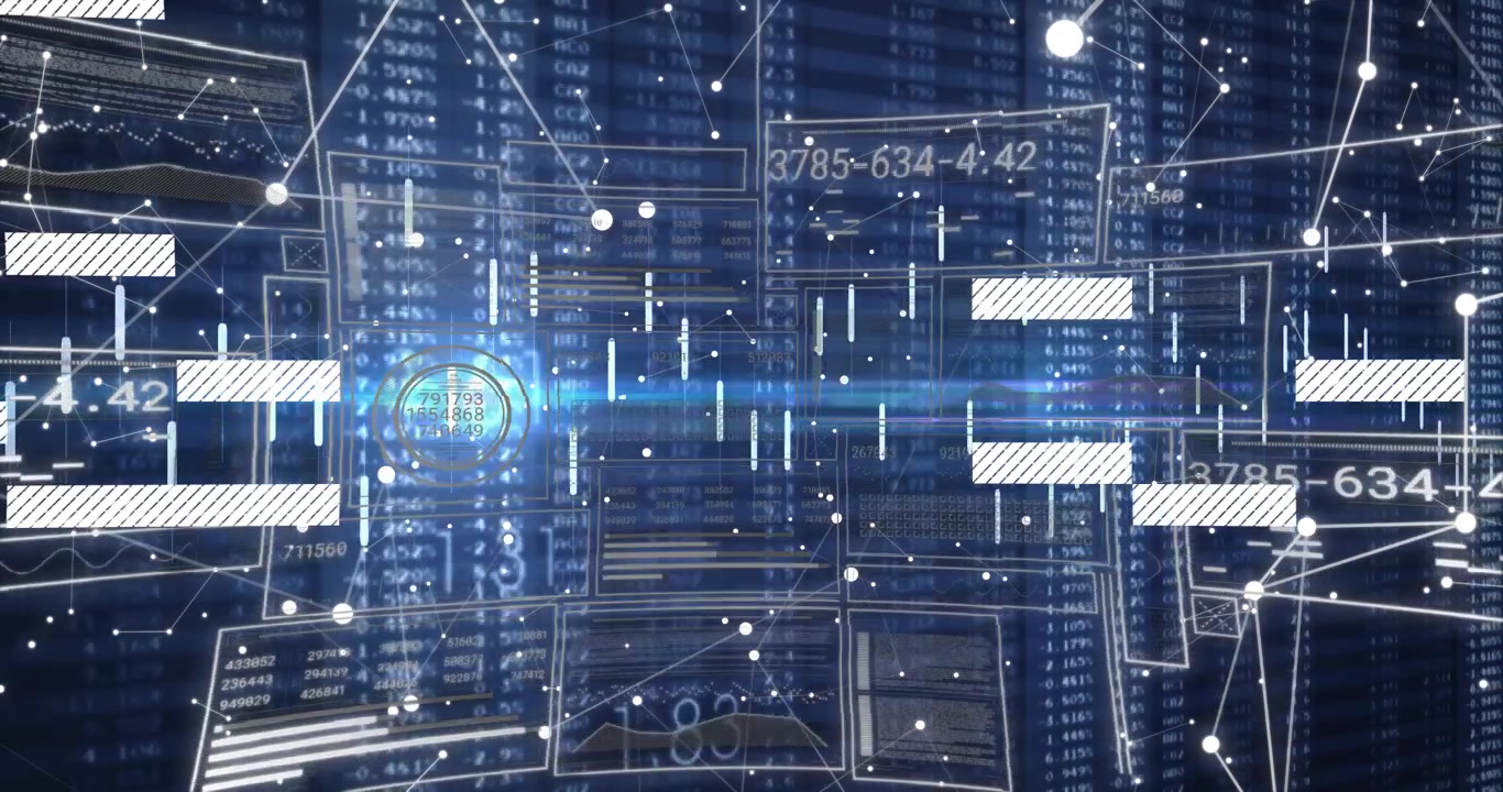 Blue flare sweeping triggers data overlay shifting, panels sliding, bars pulsing to show live data