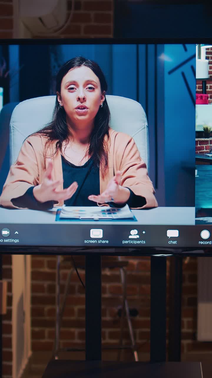 Vertical video: Remote team business meeting, coworkers talking in videocall