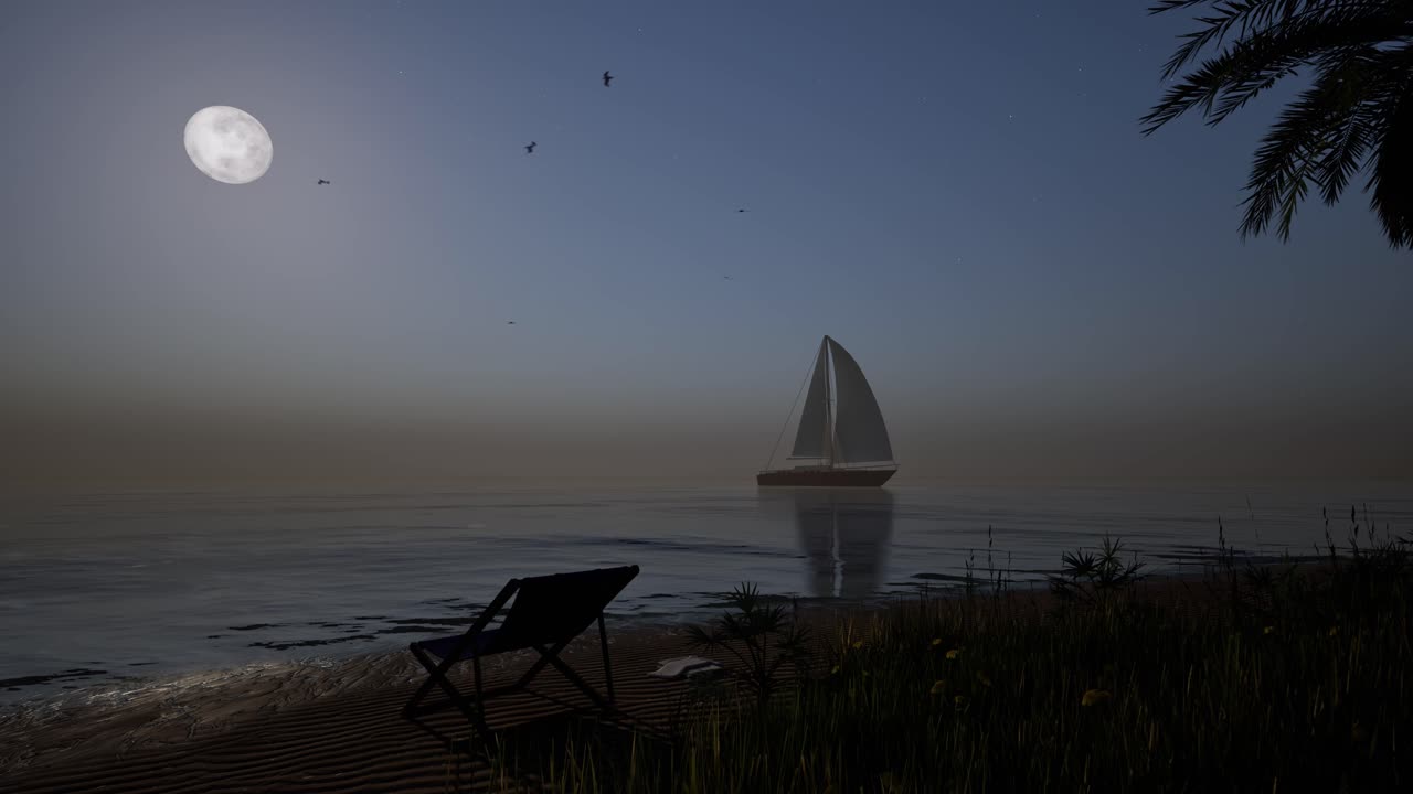 Summer time small island in the middle of the ocean, with sand beach, deck chair, palm trees, and seagulls flying above, on night time full moon, 3D animation, animated summer scene, camera zoom out