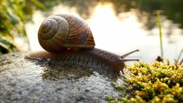 A Serene Moment: A Close-Up of a Snail Resting on a Rock by a Tranquil Body of Water Amidst Nature's Beauty with Soft Lighting