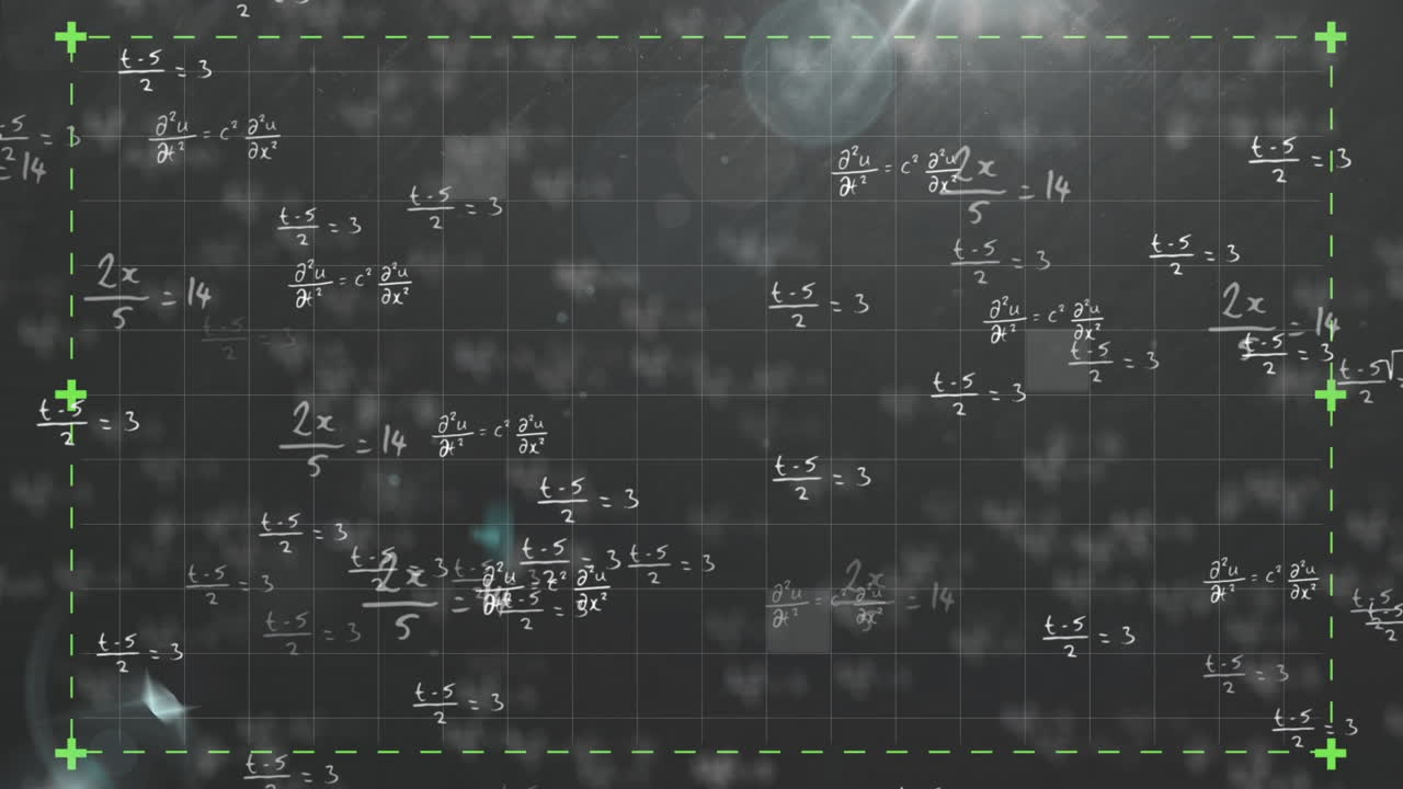 Animation of mathematical equations with green crosshair and light flare on dark grid