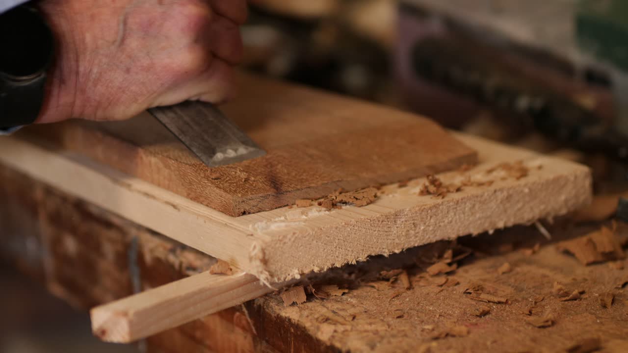 Boat building creating a scarf joint using a chisel Iroko wood