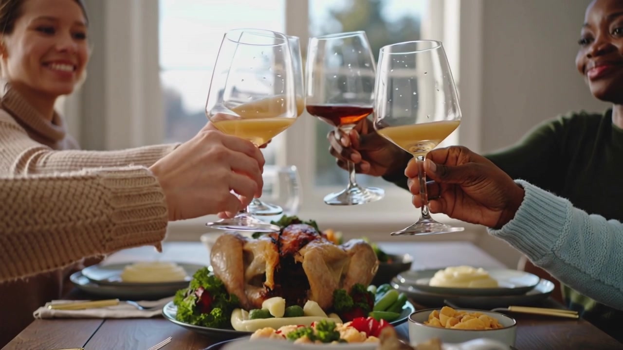 Meal starting, women in knit tops lifting wine glasses and clinking above roasted chicken at home