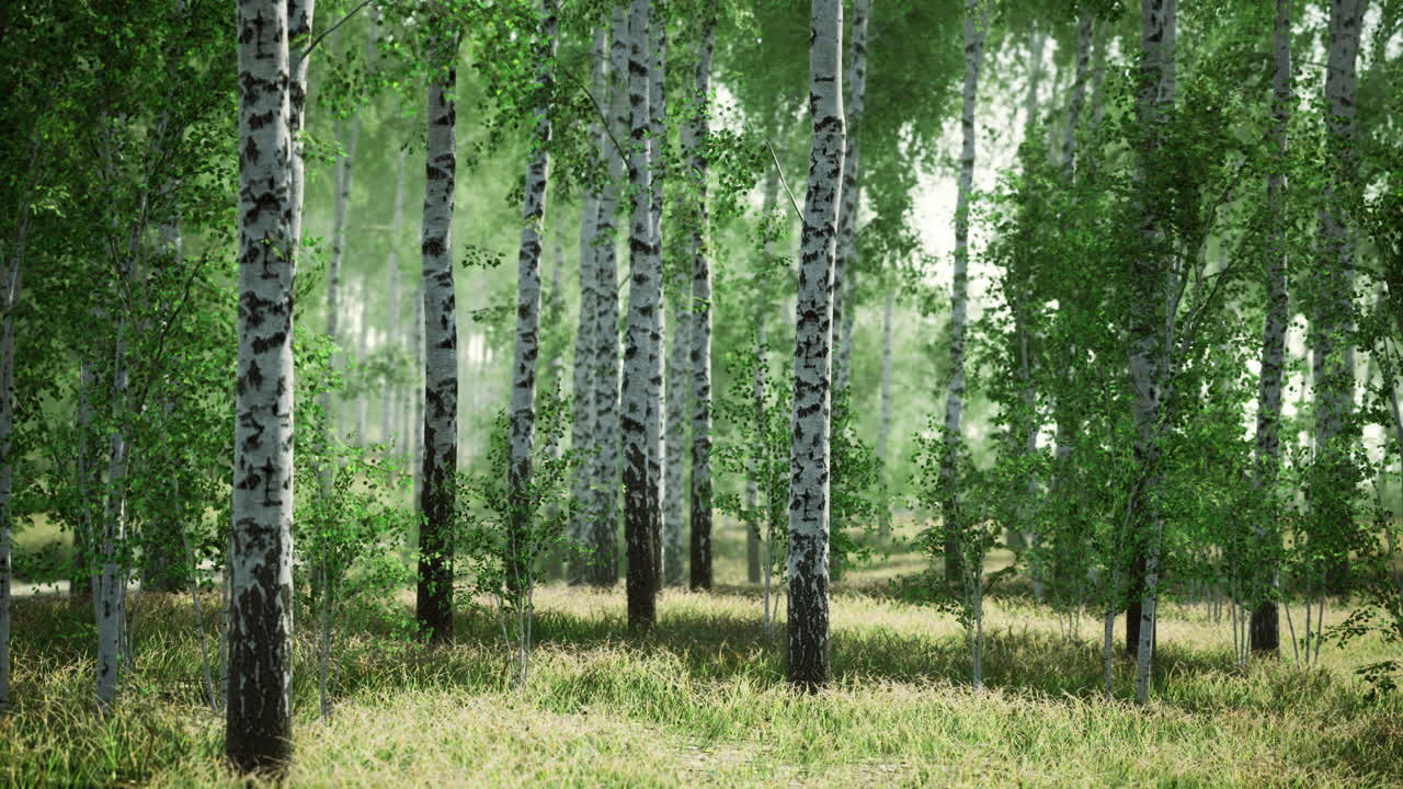 Lush green forest with birch trees and vibrant foliage in daylight hours