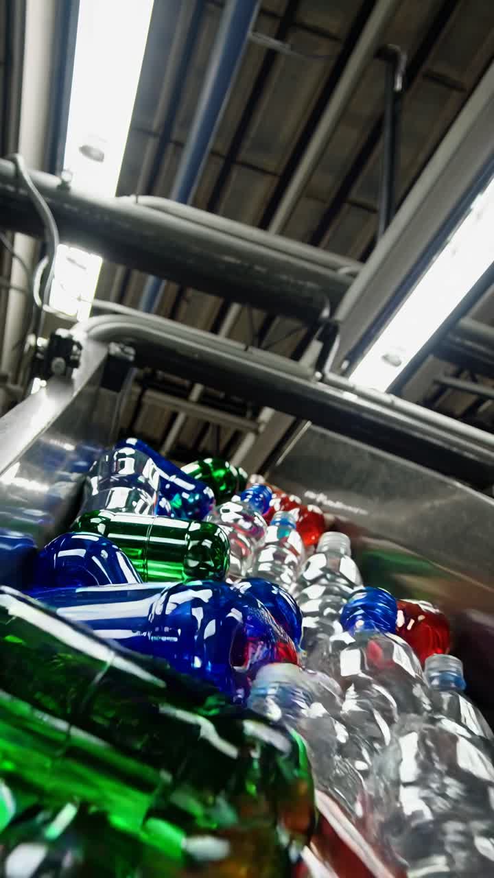 Dynamic low-angle shot of colorful glass bottles on a conveyor belt in a factory setting, perfect