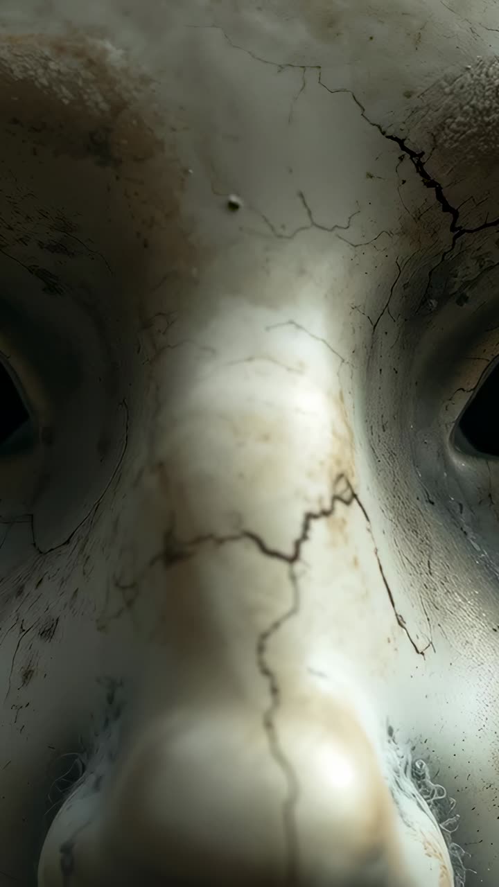 Vertical video: Moving camera showing cracked porcelain face in workshop, revealing cracks and dust