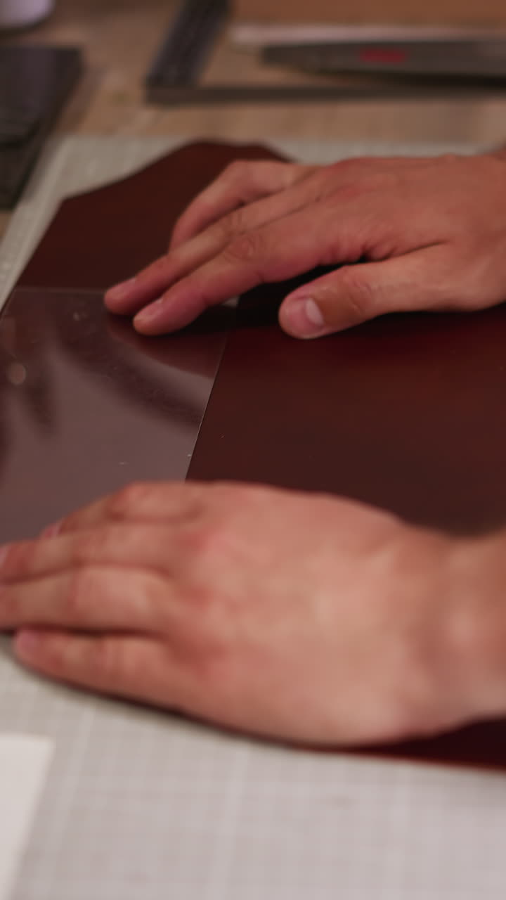 Master puts plastic moulds onto leather sheet on table in craft workshop closeup. Craftsman arranges parts on material. Tailor at work in studio