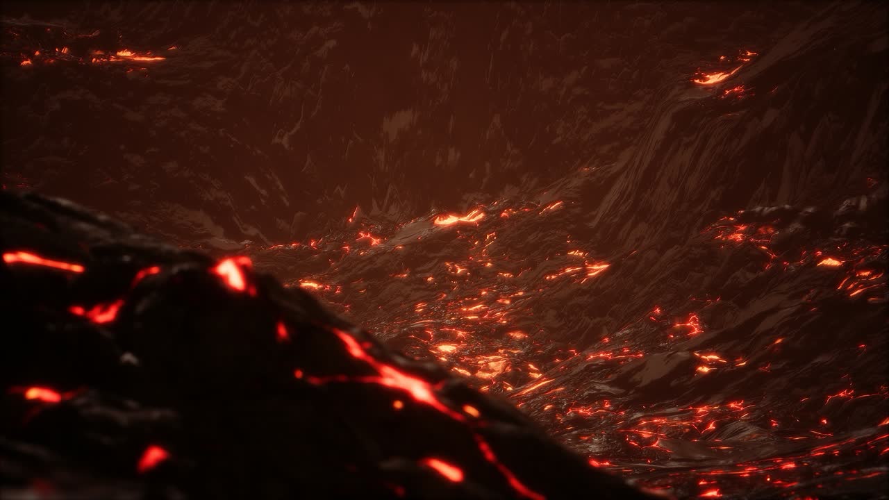 Red Orange vibrant Molten Lava flowing onto grey lavafield and glossy rocky land