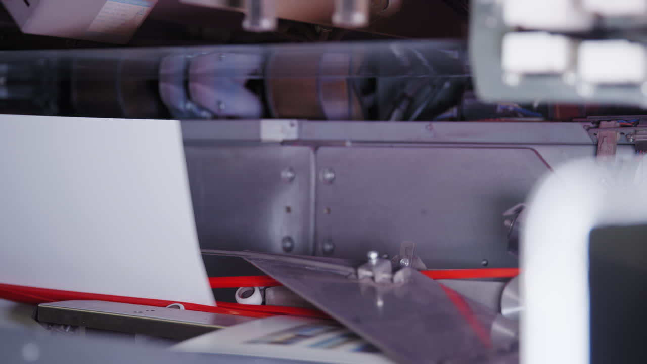 Industrial Printer Flipping Sheets Of Printed Paper In The Printing Press. close up