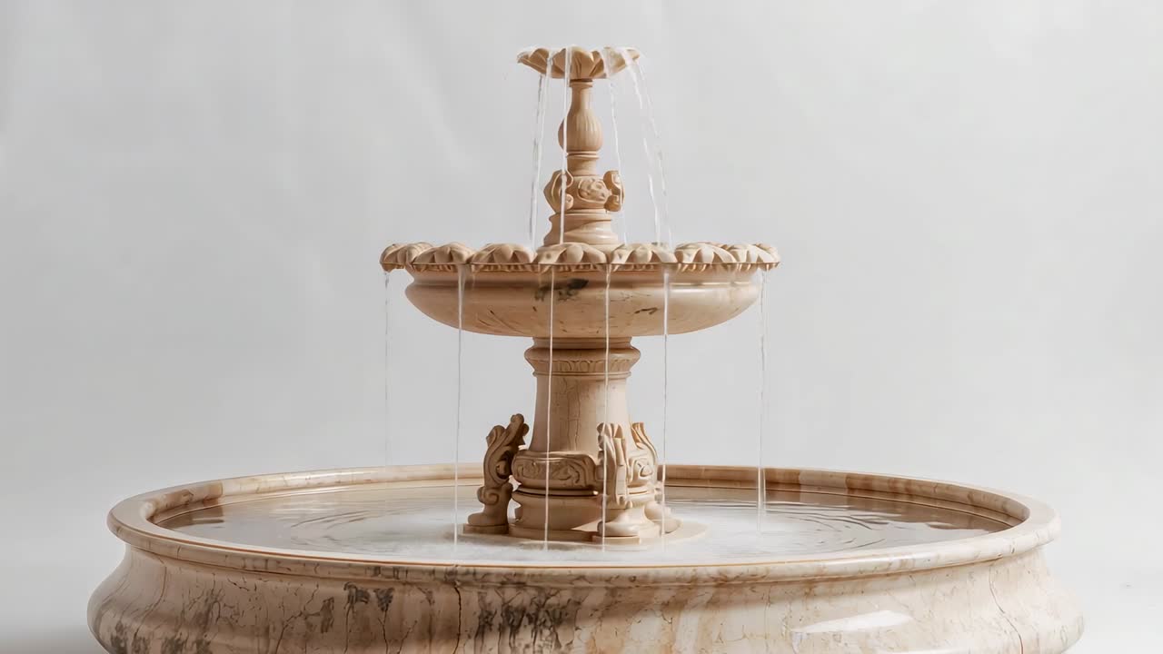 Activating recirculating pump driving two-tier marble fountain forming streams in white studio