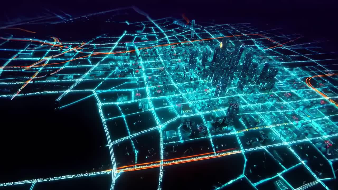 Futuristic city grid from a high-angle view, glowing neon lines. Perfect for a tech video. Live