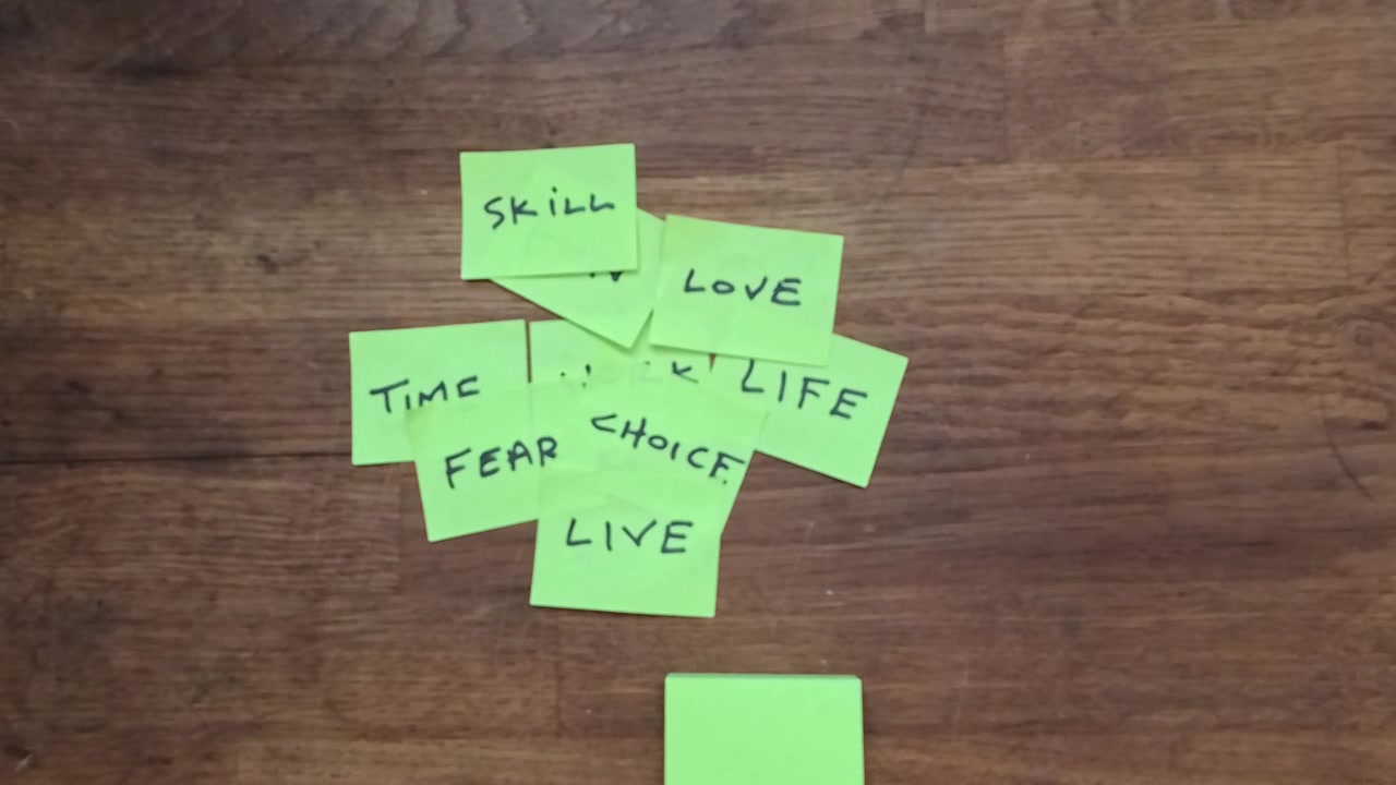 Hand planning life balance with yellow sticky post-it note in brainstorming thought process goal