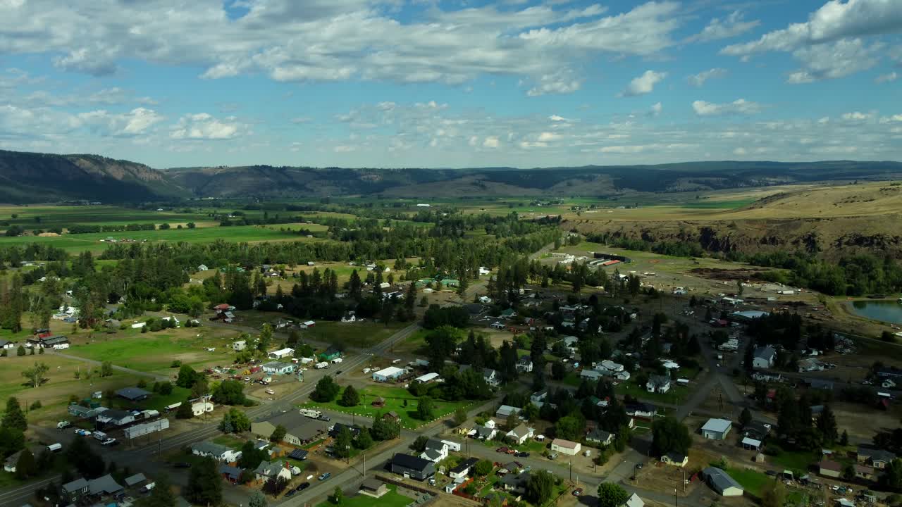 US, Oregon, Wallowa, 2025-08-18 - Drone view of the city of Wallowa, a small farming town in northeast oregon