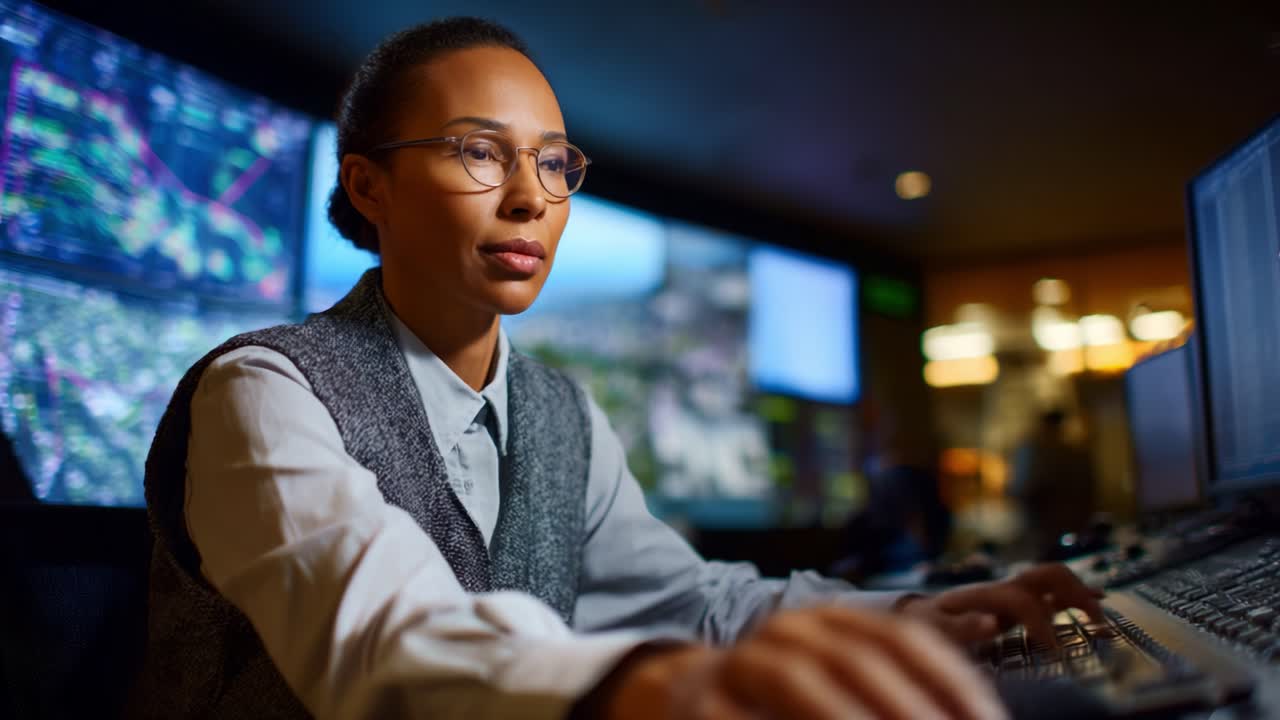 Focused Data Analyst Engaged in Monitoring Complex Information Systems While Analyzing Critical Statistics on Multiple Screens in a Control Room Environment