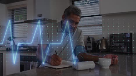 Animation-of-cardiogram-over-senior-biracial-man-measuring-blood-pressure