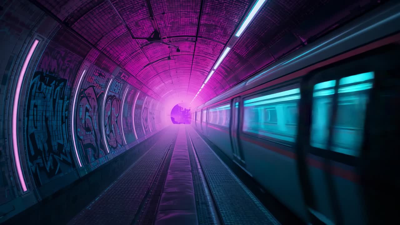 Emerging headcar from magenta glow and following cars racing past neon graffiti tunnel, copy space