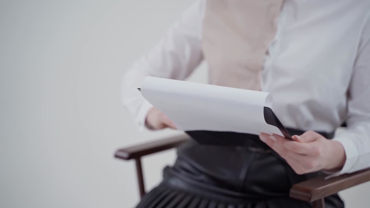 Folder with papers in woman's hands. Young businesswoman sitting in chair and holding documents. Close-up. Slow motion.