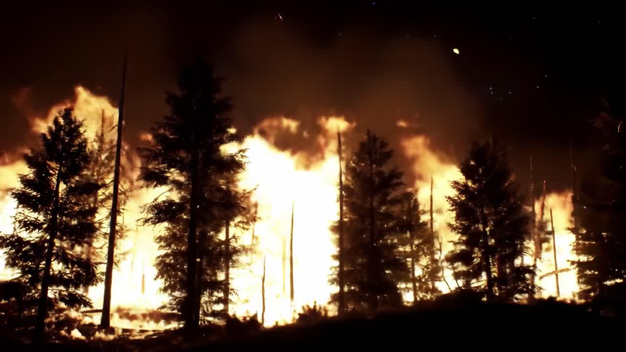 A Night Inferno: The Devastating Impact of Wildfires Illuminates the Landscape with Fiery Destruction, Consuming Forests and Shrouding the Sky in Ash and Smoke