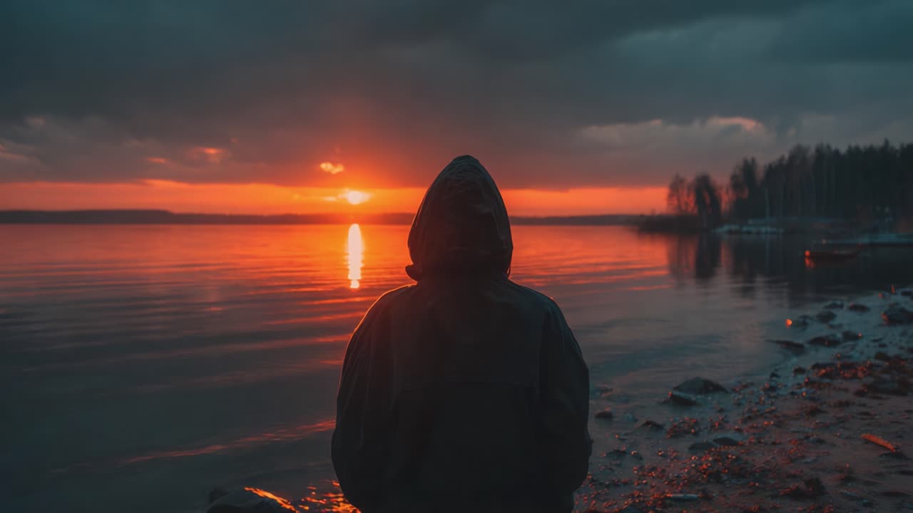 A Serene Sunset Reflection: A Figure Silhouetted Against Vibrant Skies Over a Calm Lake, Capturing the Tranquility and Beauty of Nature's Splendor