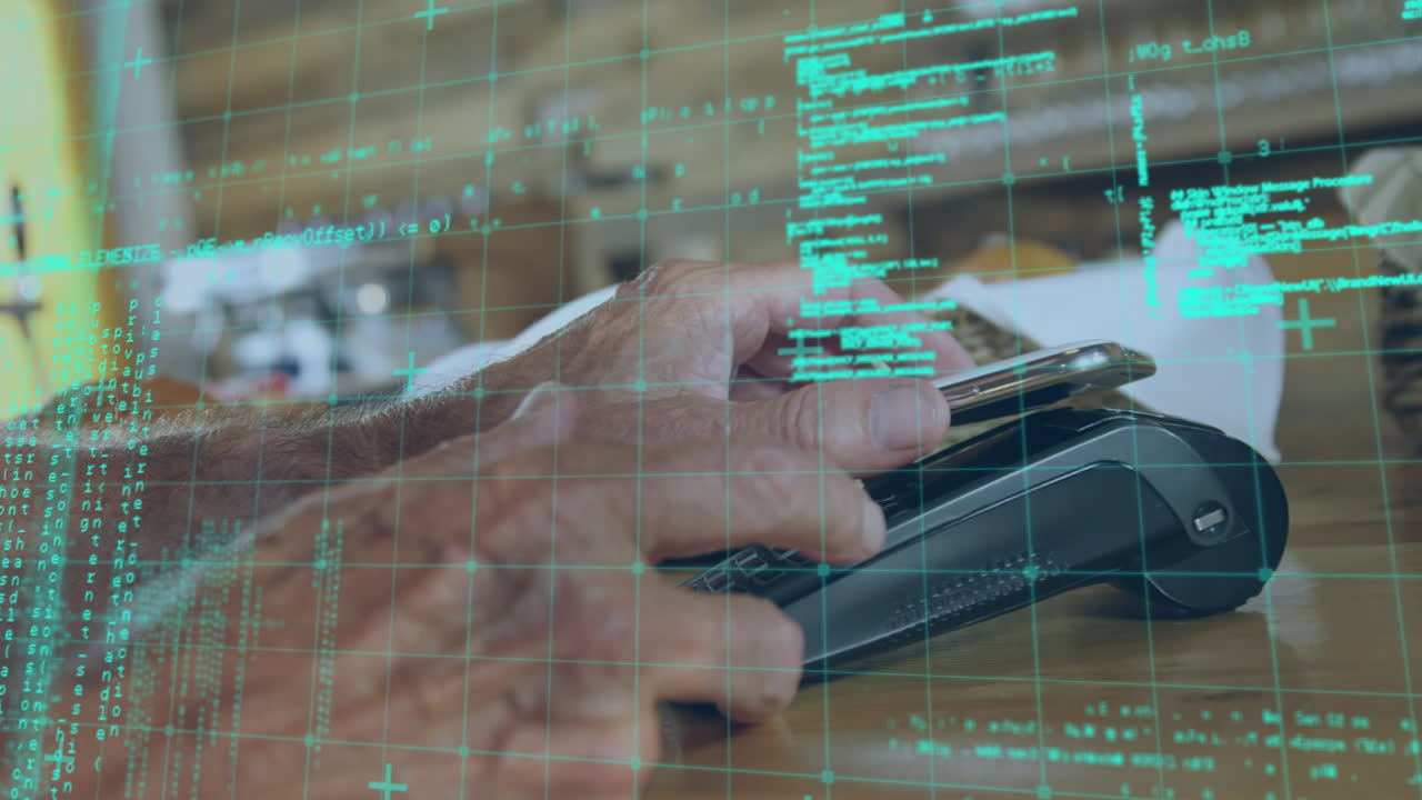 스마트 폰으로 결제하는 백인 남성에 대한 데이터 처리 애니메이션