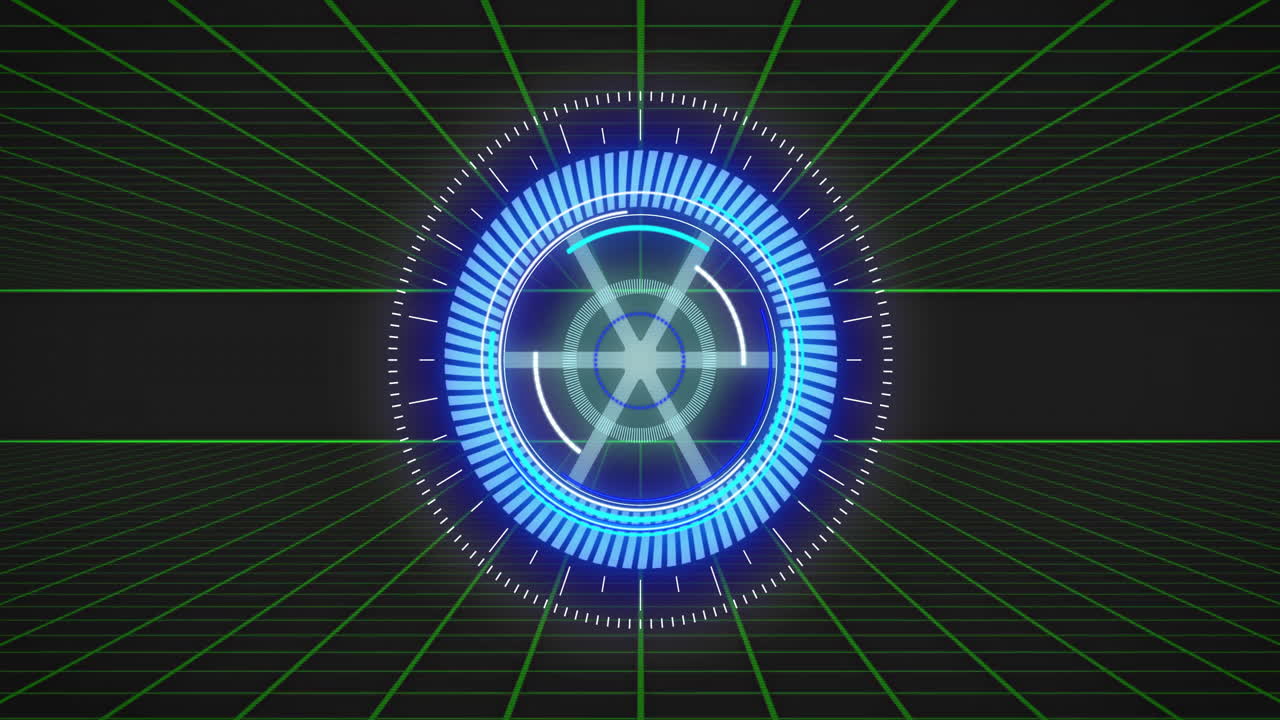 그리드 배경에 회전하는 요소와 함께 미래의 파란색 디지털 인터페이스 애니메이션