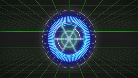 animación de interfaz digital azul futurista con elementos giratorios sobre el fondo de la cuadrícula