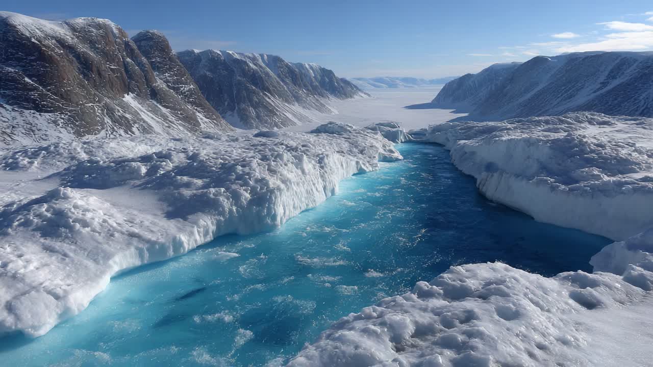 Stunning Aerial View of a Serene Glacier River Carving Through Majestic Snow-Capped Mountains Under a Bright Blue Sky