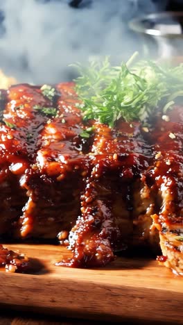 deliciously grilled meat served with garnishes and sides on a rustic table