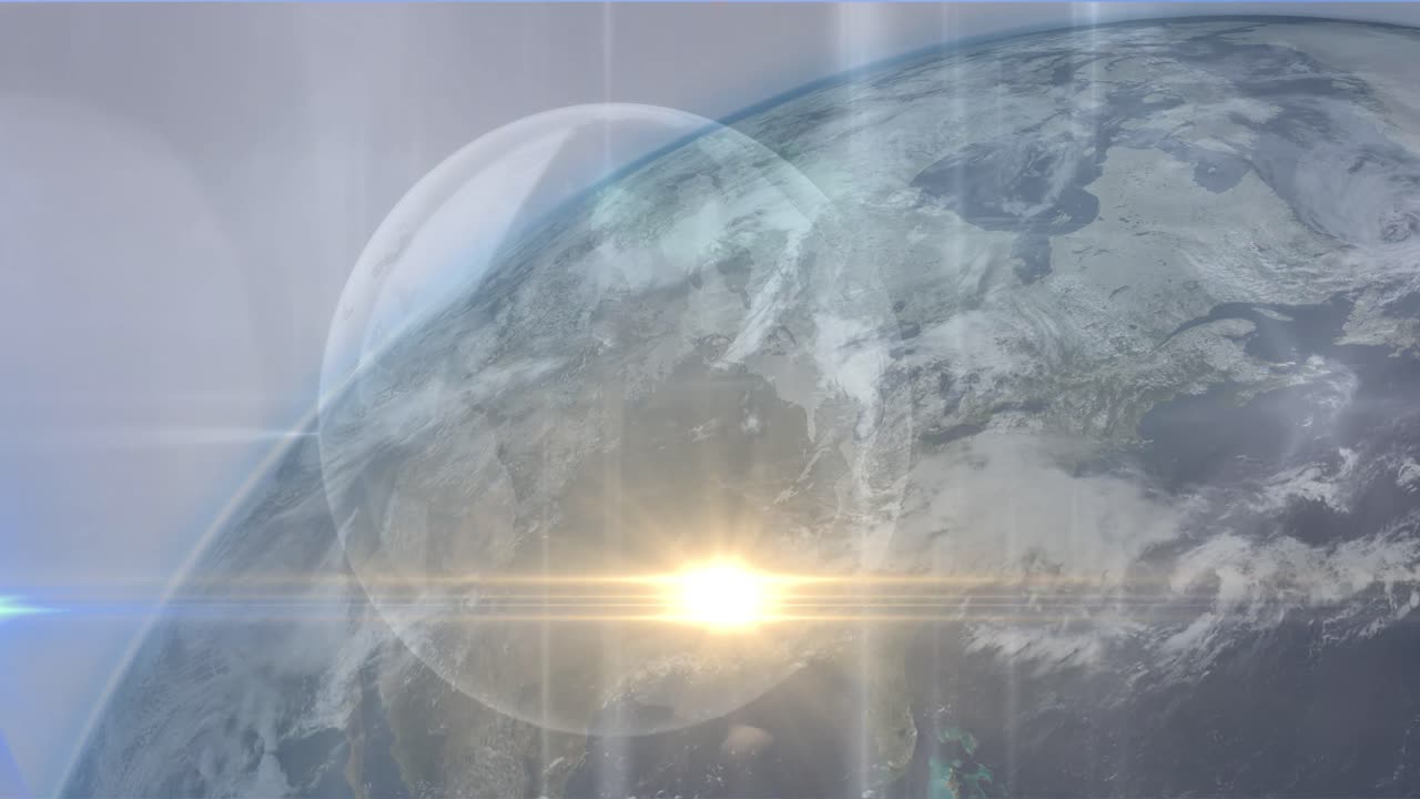 파란색 배경에 지구 위에 노란색 빛 점의 애니메이션