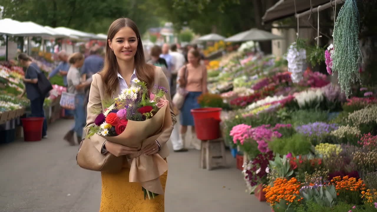 Woman with a Bouquet of Flowers at an Outdoor Flower Market