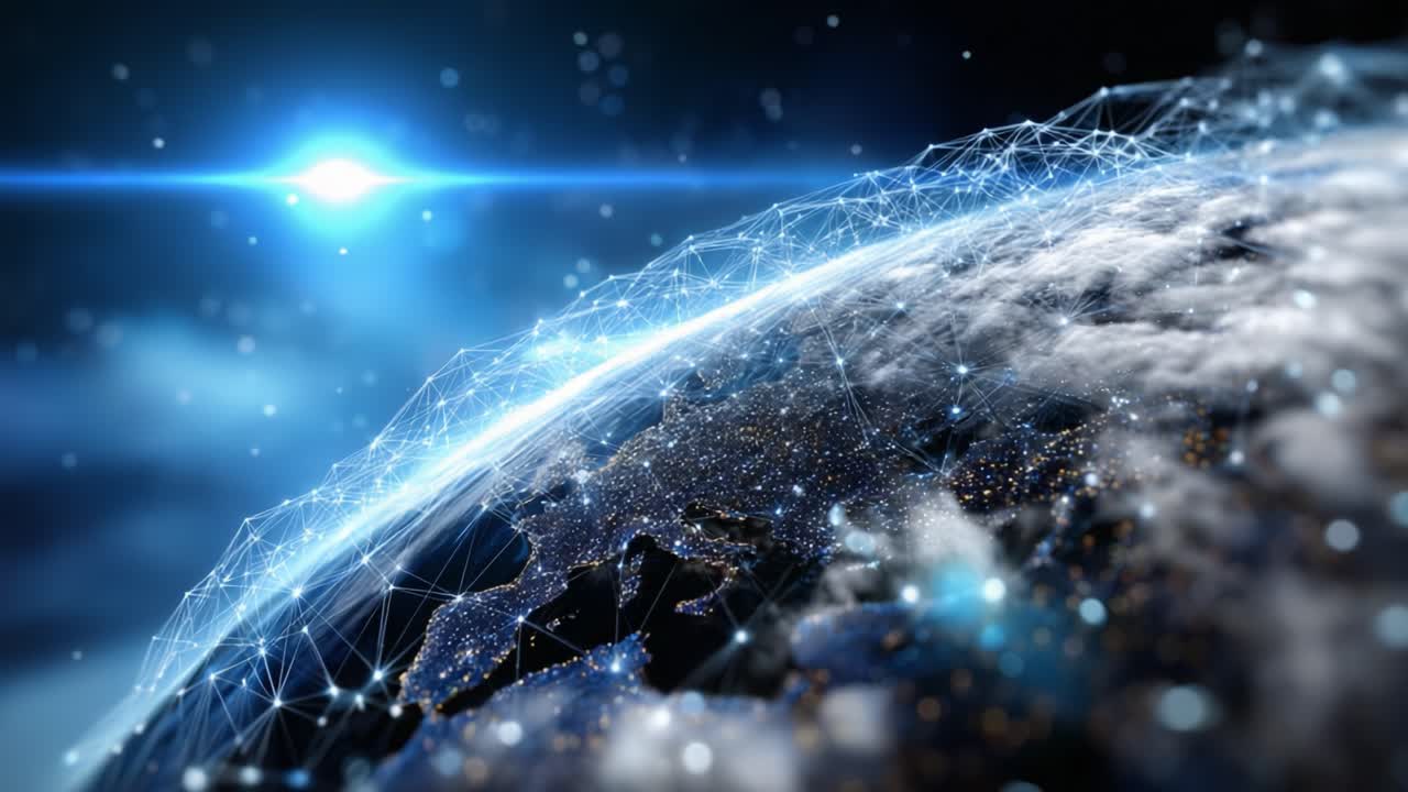 A Stunning Visualization of Earth from Space: An Aerial Perspective Showcasing the Glowing City Lights and Connecting Networks that Illustrate Our Planet's Connectivity and Technology