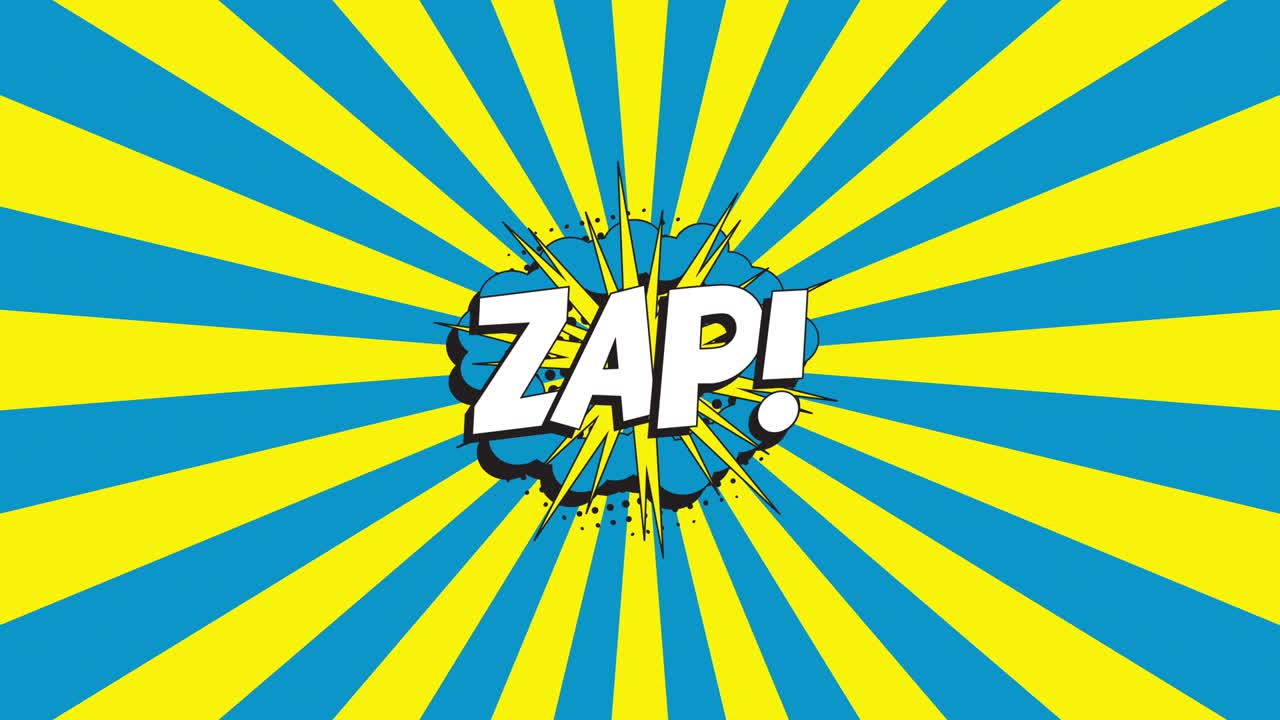 '자프!' 옛날 팝 아트 스타일의 단어입니다. 노란색 광선으로 애니메이션 된 파란색 배경에 반색 점이 있는 그림자를 가진 음성 거품입니다.