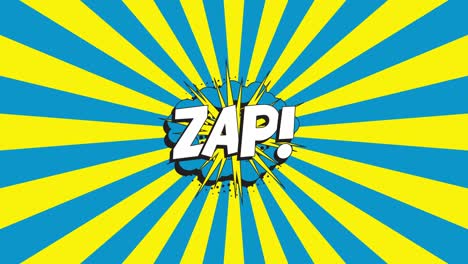 'zap!' word in vintage pop art style speech bubble with halftone dotted shadow on an animated blue background with yellow rays