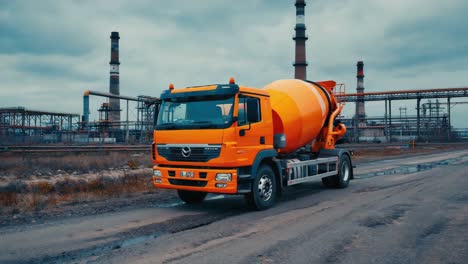 Cement mixer truck in industrial setting