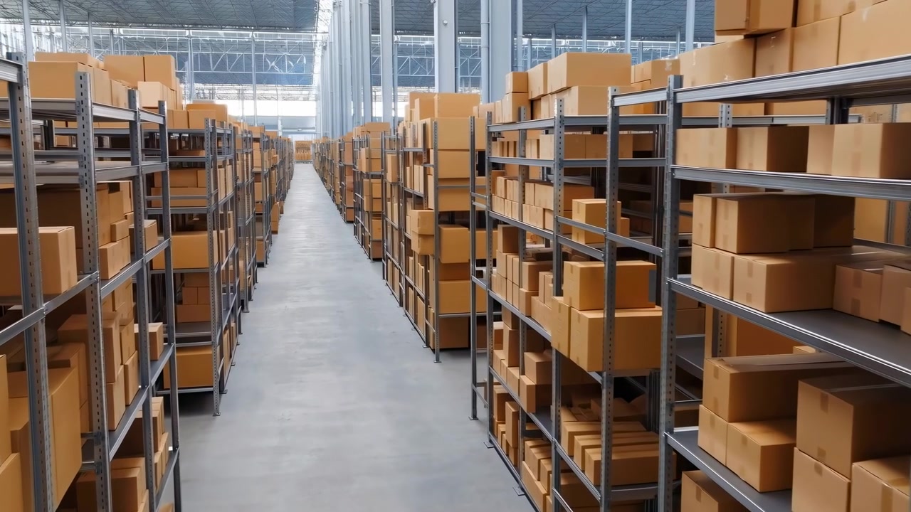 Eye-level view down industrial storage aisle showing parallel metal racks densely loaded with brown cardboard boxes on multiple shelf levels, with additional cartons stacked high for organized