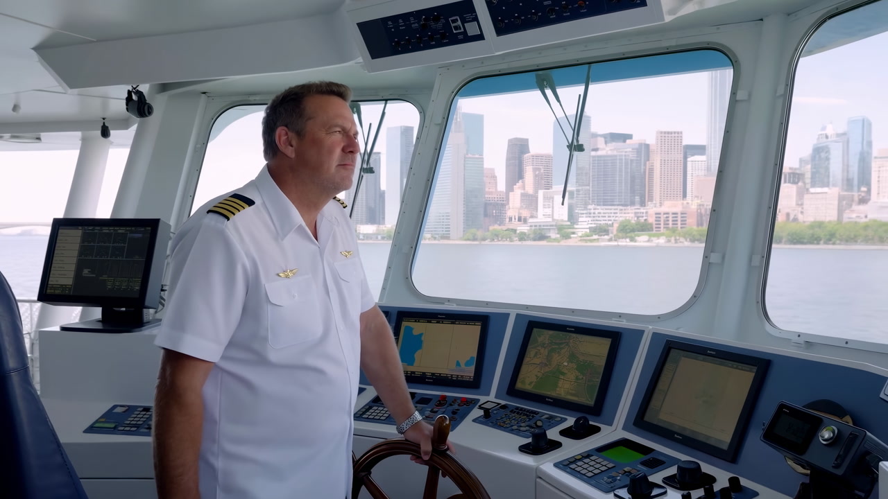 Caucasian Ship Captain On Bridge Steering, Gazing At City Skyline Through Panoramic Windows, Hands On Wooden